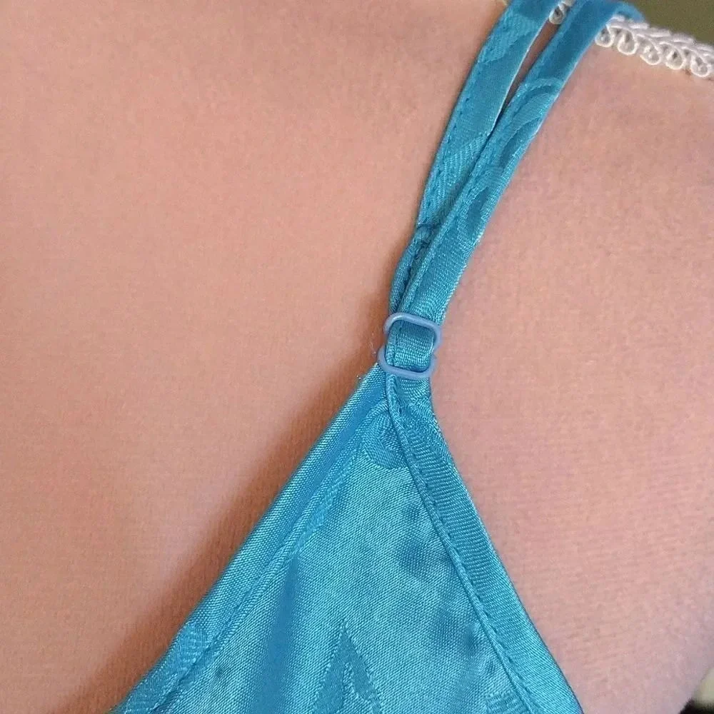 VTG 80s Teal Satin Floral Embroidered Detail Mini Slip Dress Chemise‎ XL Festie - Picture 8 of 14